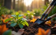 Gardener preparing garden for winter in November