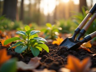 Gardener preparing garden for winter in November