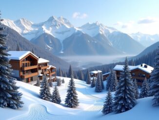 Scenic view of Les Arcs ski resort with snowy mountains