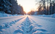 Car driving safely on a snowy road in winter