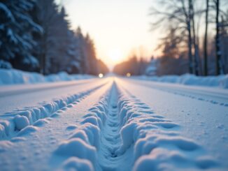 Car driving safely on a snowy road in winter