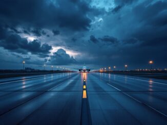 A plane in the sky with lightning in the background