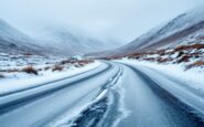 Icy landscape in Aberdeenshire with snow-covered hills