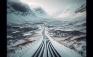 Snow-covered road in the Highlands during winter storm