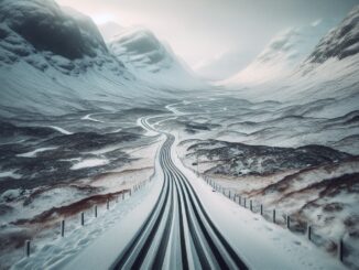 Snow-covered road in the Highlands during winter storm