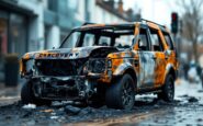 Land Rover Discovery engulfed in flames in parking lot