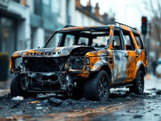 Land Rover Discovery engulfed in flames in parking lot